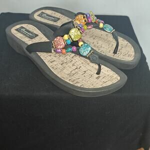 Grandco Women 10 Black Sandals Marble Cork Beach Pool BLING Multi Color Beads